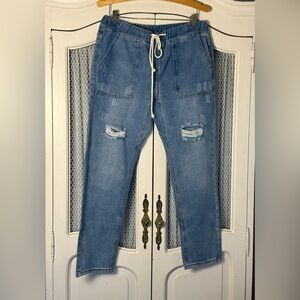 Easy Distressed Denim Joggers Elastic Drawstring Waistband